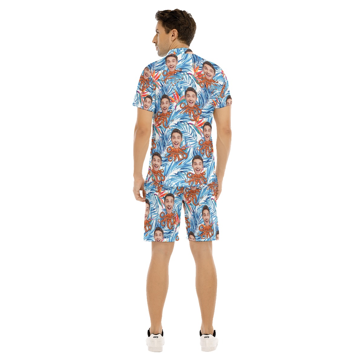 Set Custom Face Octopus Floral Blue Hawaiian Collared Shirt And Shorts For Men