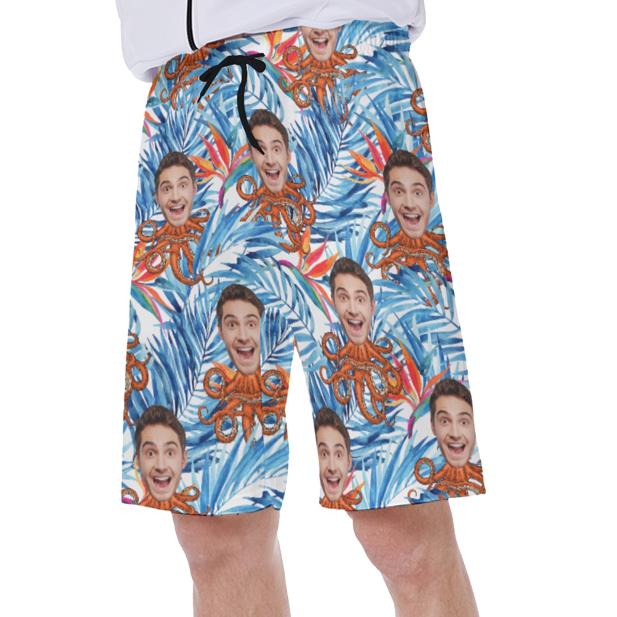 Funny Custom Face Octopus Floral Blue Hawaiian Swim Trunks For Men