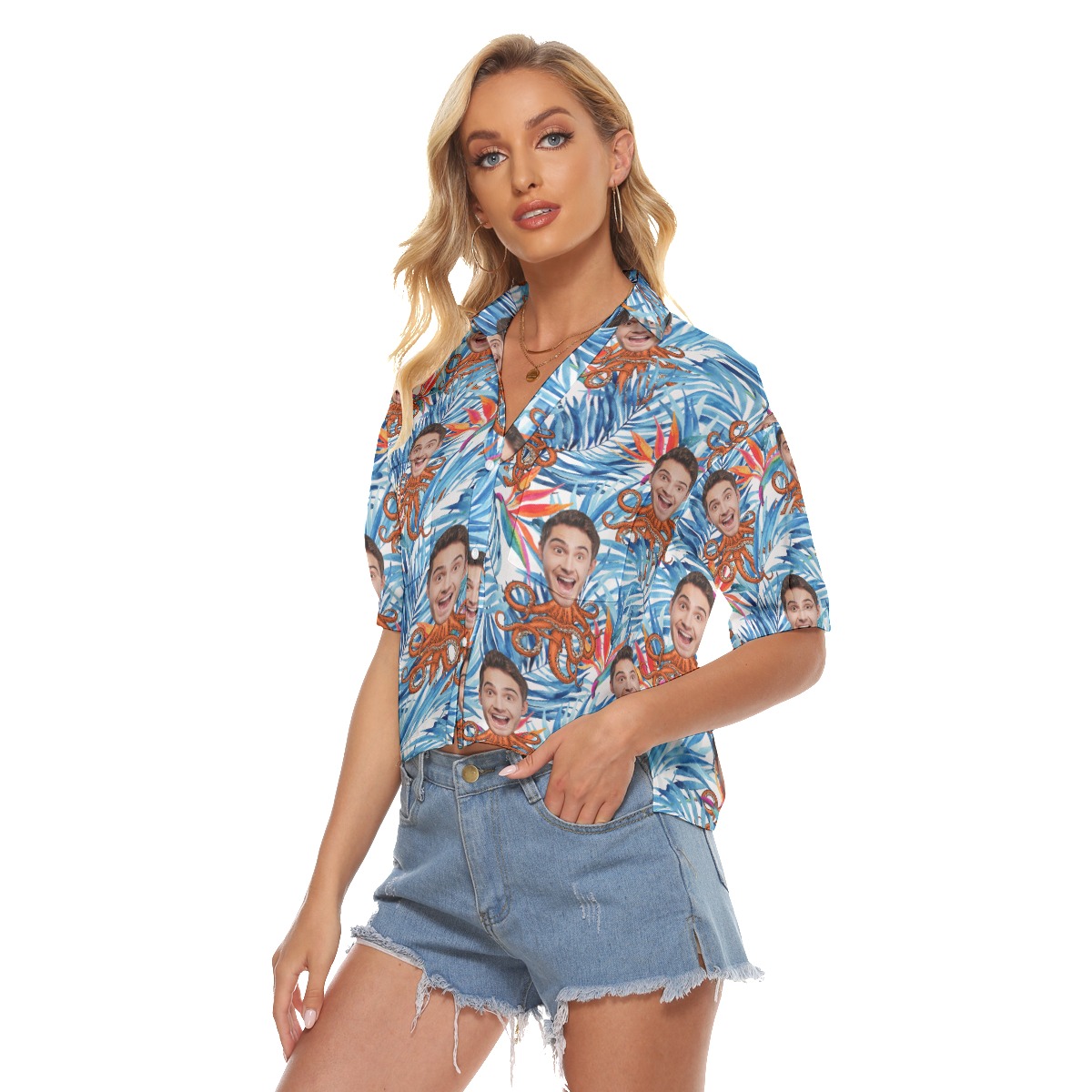 Tropical Octopus Hawaiian Crop Top With Custom Face