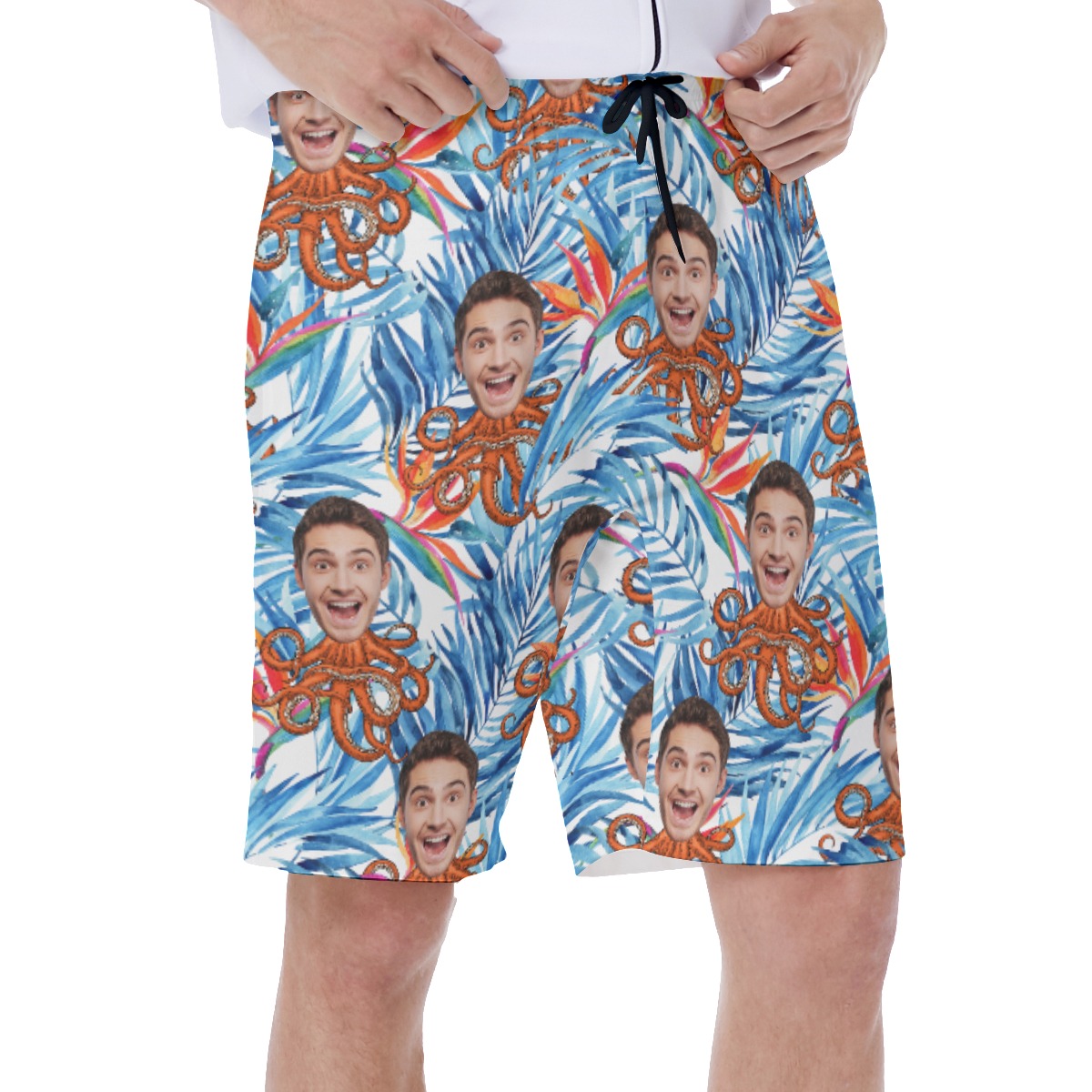 Funny Custom Face Octopus Floral Blue Hawaiian Swim Trunks For Men