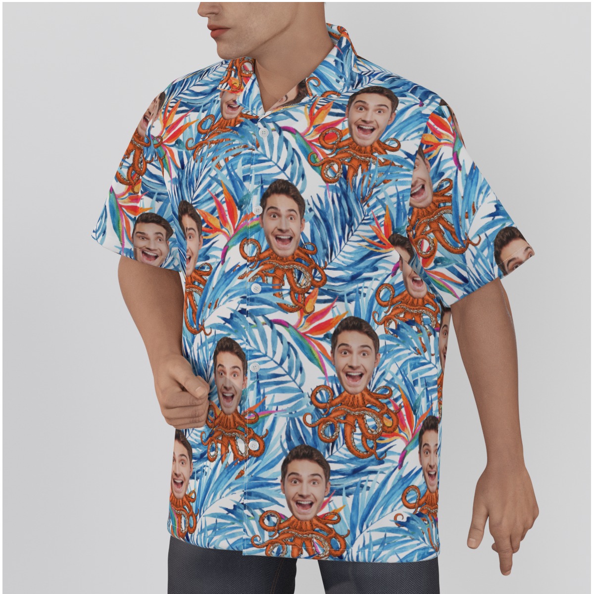 Custom Face Octopus Floral Blue Hawaiian Shirt