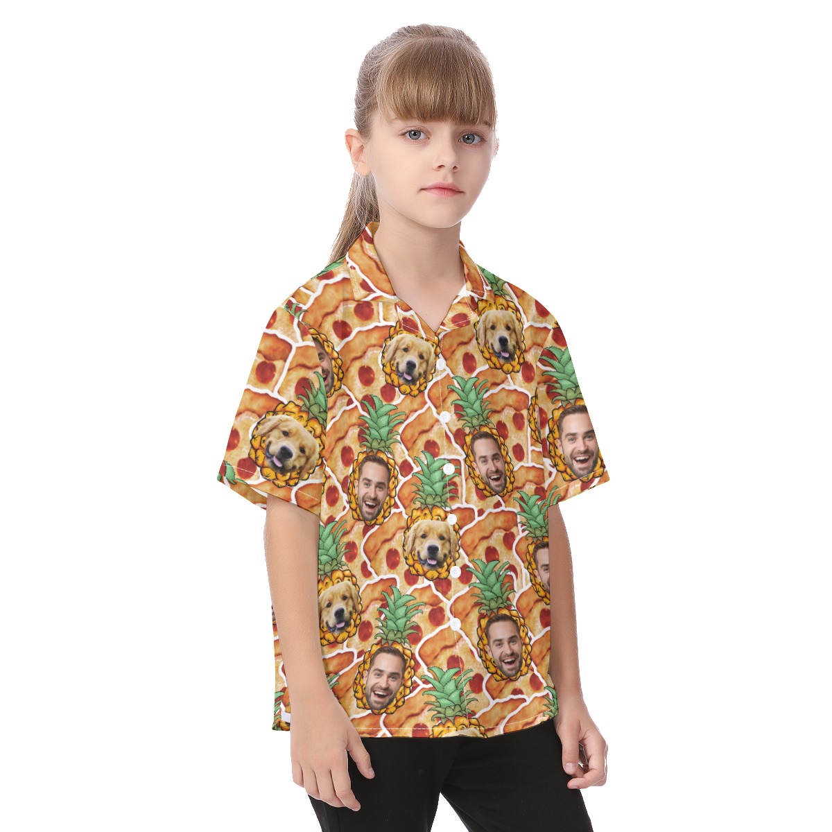 Custom Photo Face Pineapple Pizza Button Up Shirt For Kids