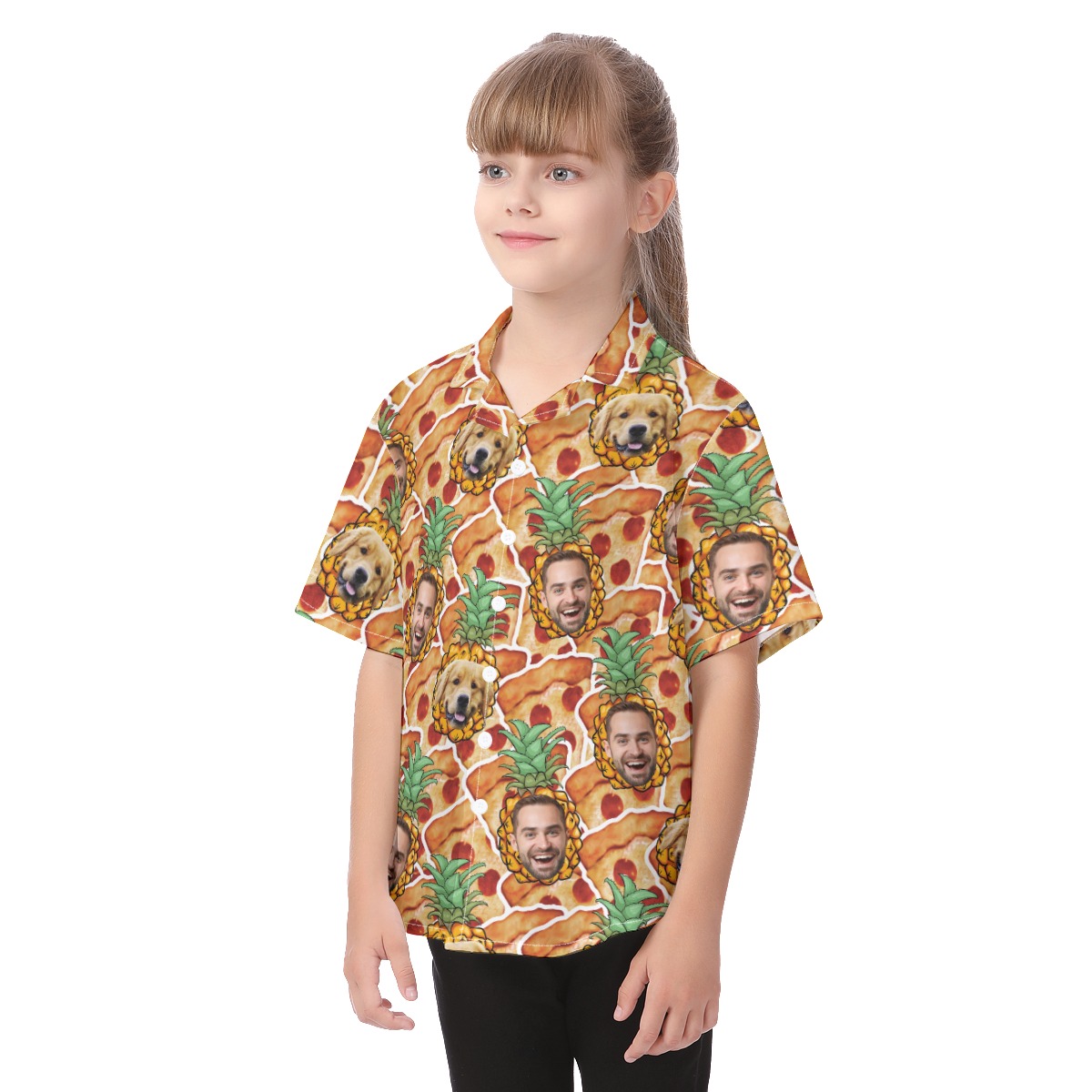 Custom Photo Face Pineapple Pizza Button Up Shirt For Kids