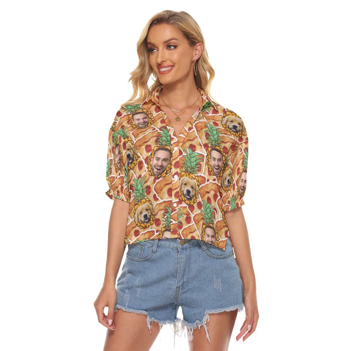 Custom Face Pineapple Pizza Hawaiian Crop Top Shirt For Women - variant image 1