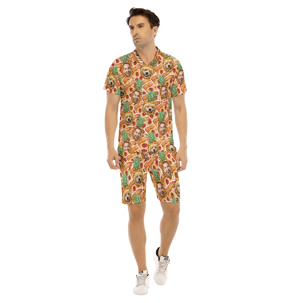 Custom Multiple Face Pineapple Pizza Hawaiian Shirt Set For Men - variant image 1