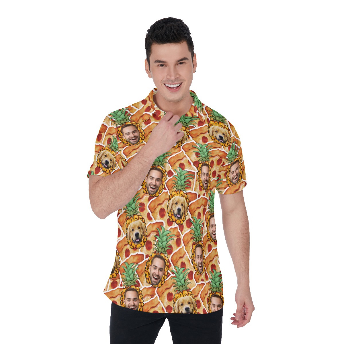 Funny Custom Face Pizza Pineapple Men's Polo Collared Shirt - variant image 1