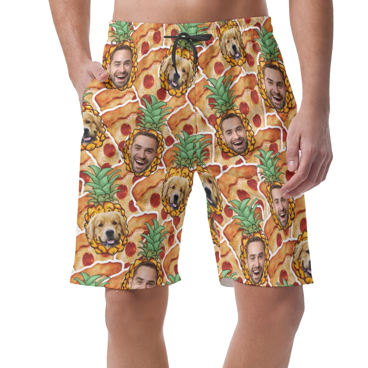 Funny Custom Pet Face Pineapple Pizza Hawaiian Shorts For Men - variant image 1