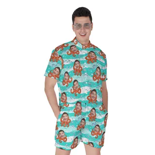 Funny Custom Face Octopus Men's Blue Hawaiian Romper
