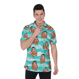 Custom Face Octopus Blue Hawaiian Men's Polo Shirt