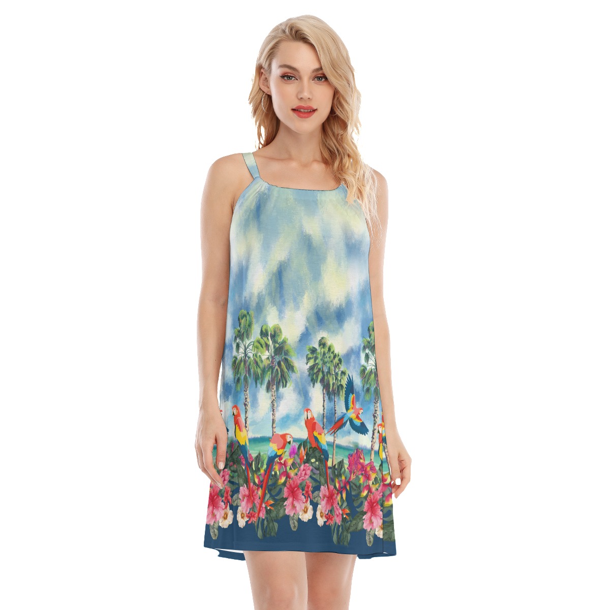 Tropical Parrots Hibiscus Blue Hawaiian Cami Dress For Women - variant image 1