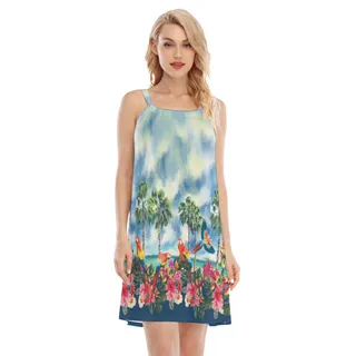 Tropical Parrots Hibiscus Blue Hawaiian Cami Dress For Women