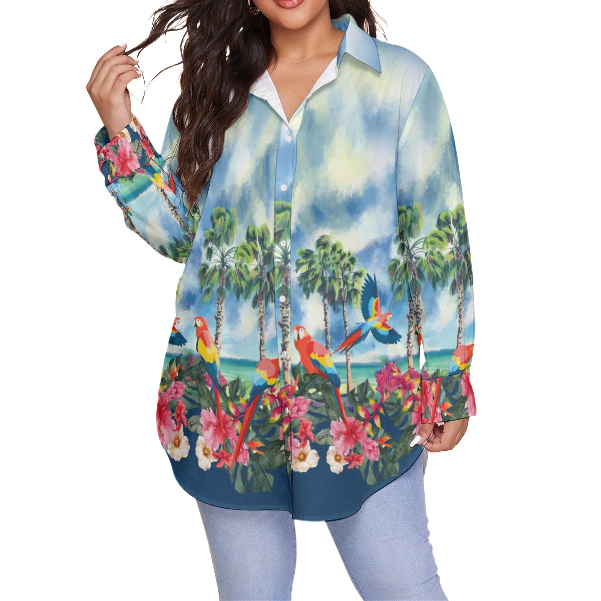 Tropical Parrots Hibiscus Blue Hawaiian Plus Size Shirt For Women - variant image 1