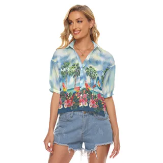 Tropical Parrots Palm Trees Hawaiian Cropped Shirt