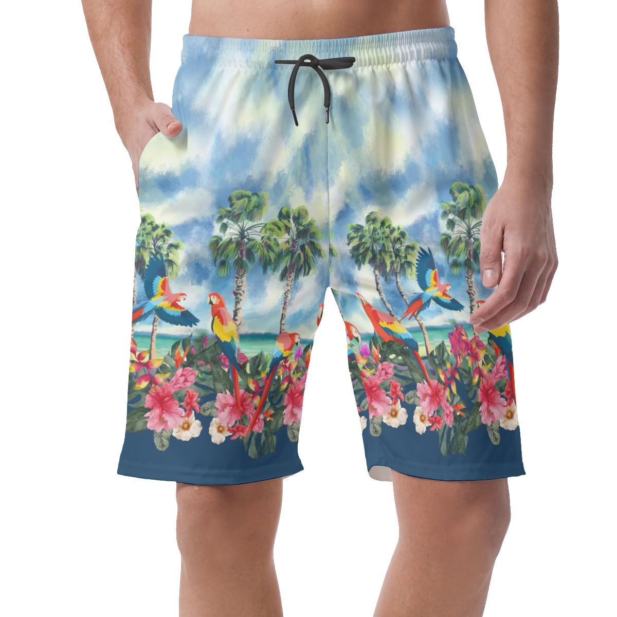 Tropical Palm Trees Parrot Hibiscus Hawaiian Beach Shorts For Men - variant image 1