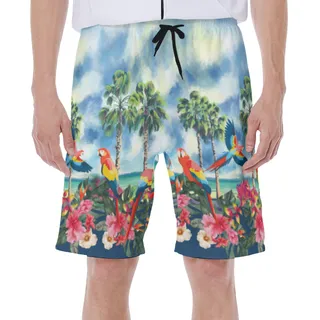 Tropical Island Colorful Parrots Hawaiian Swim Trunks For Men
