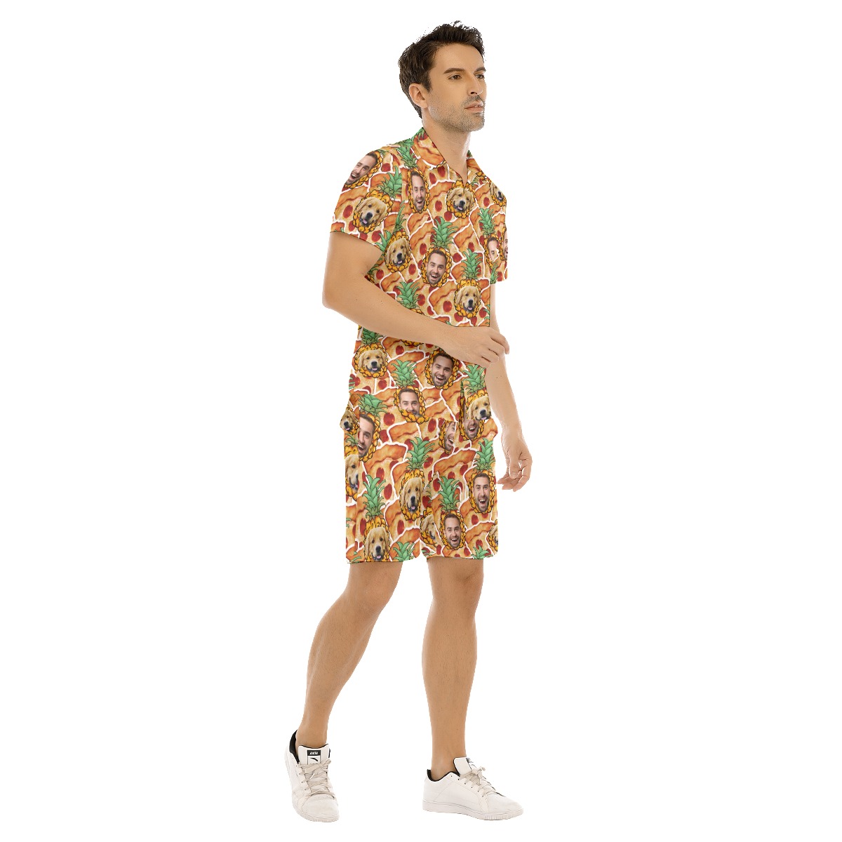 Custom Multiple Face Pineapple Pizza Hawaiian Shirt Set For Men