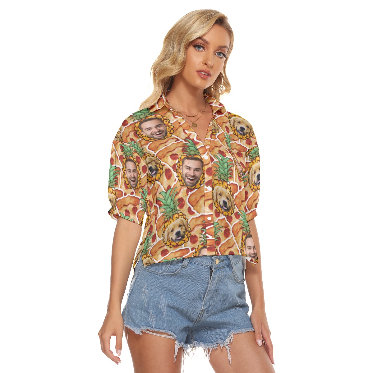 Custom Face Pineapple Pizza Hawaiian Crop Top Shirt For Women