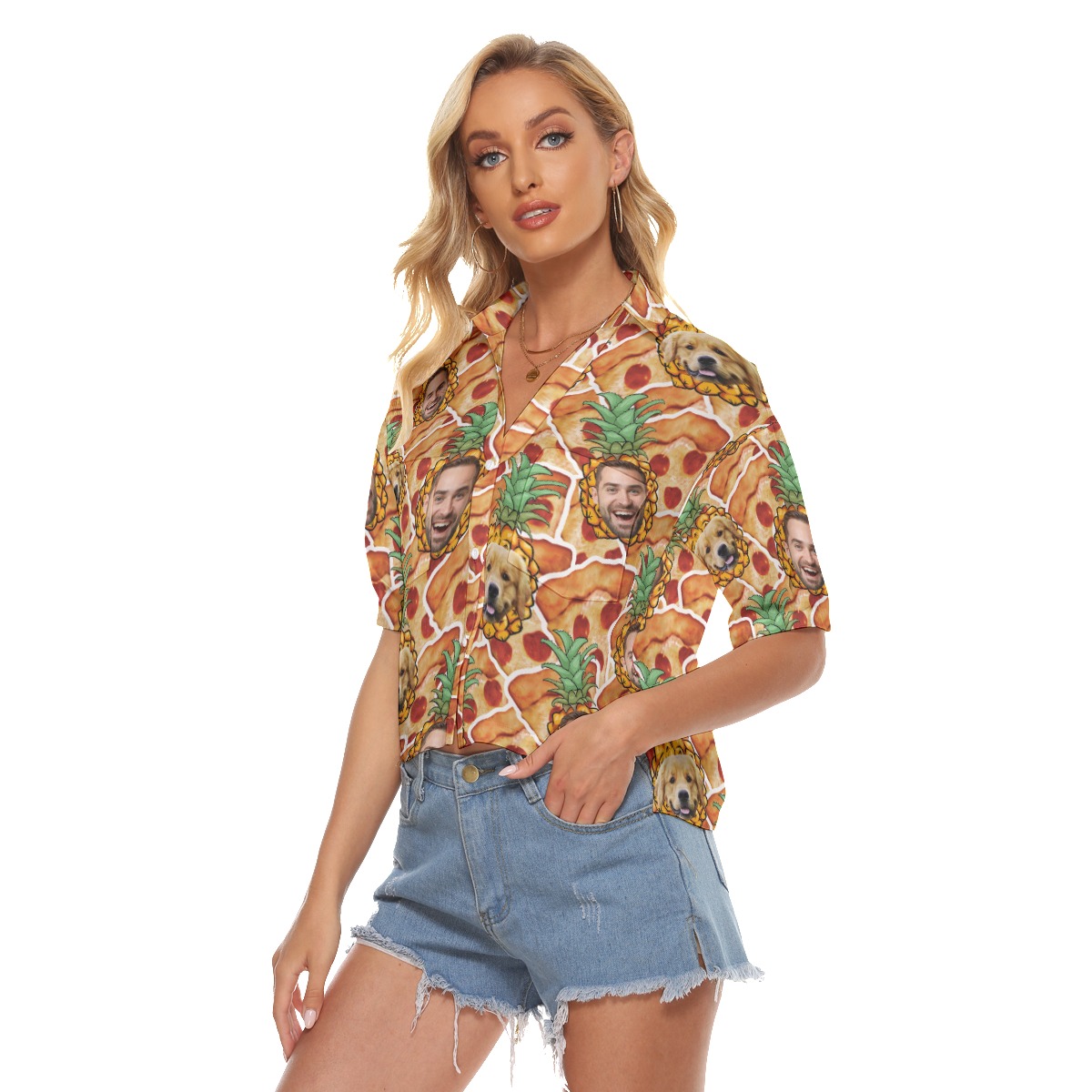 Custom Face Pineapple Pizza Hawaiian Crop Top Shirt For Women
