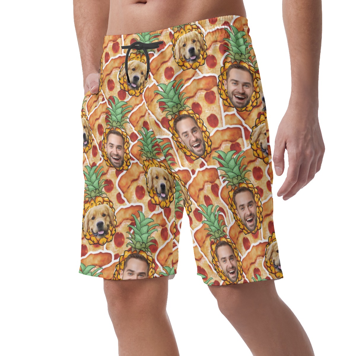 Funny Custom Pet Face Pineapple Pizza Hawaiian Shorts For Men