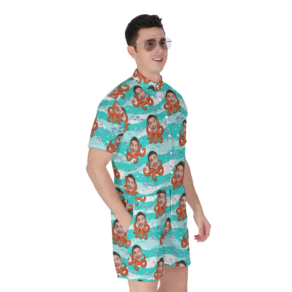 Funny Custom Face Octopus Men's Blue Hawaiian Romper