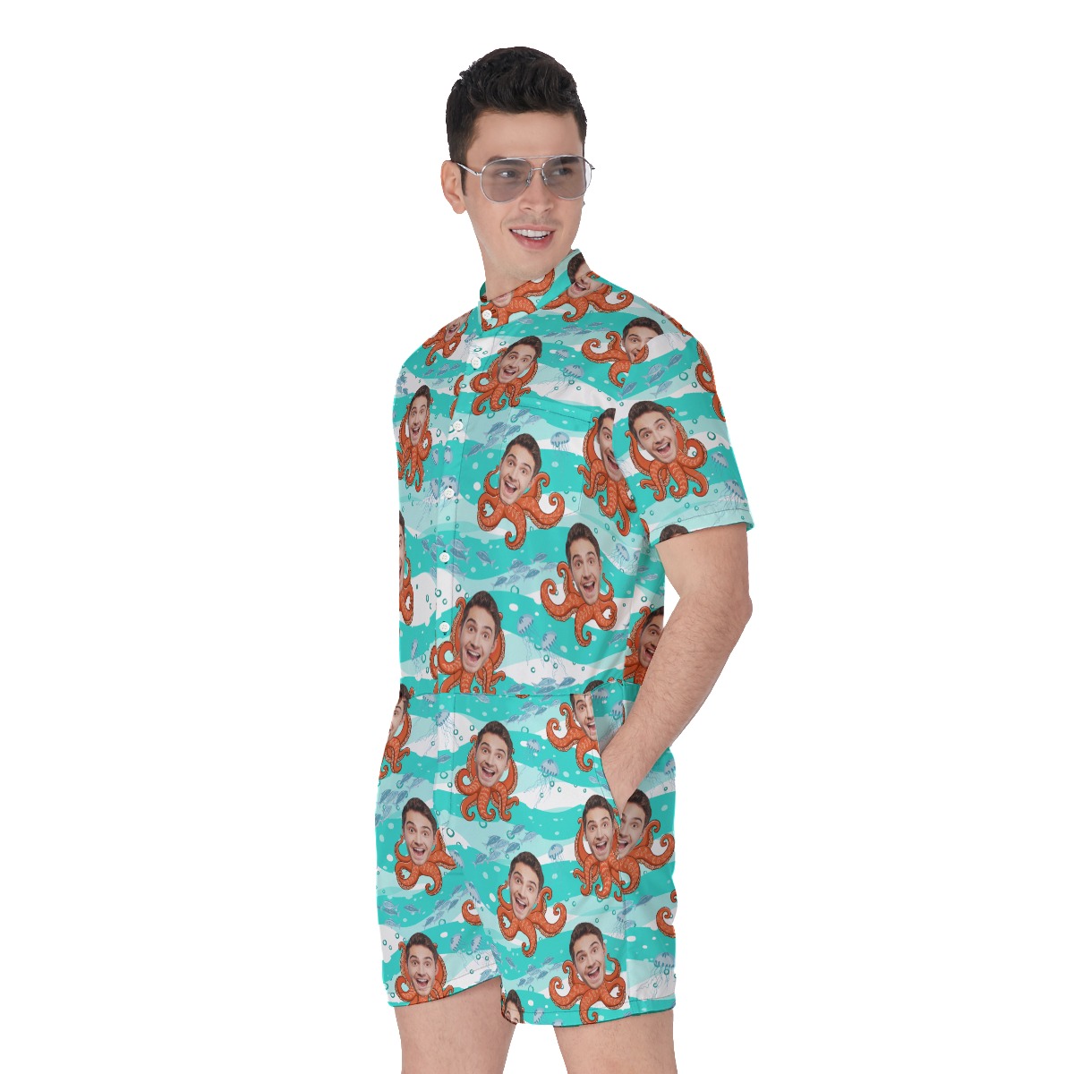 Funny Custom Face Octopus Men's Blue Hawaiian Romper