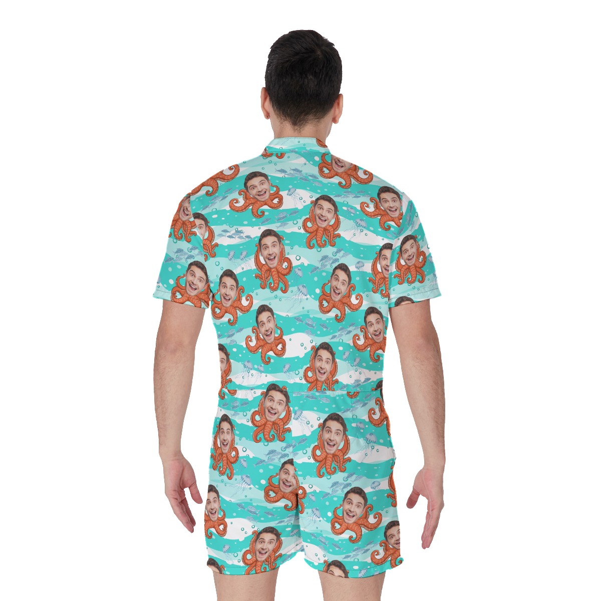 Funny Custom Face Octopus Men's Blue Hawaiian Romper