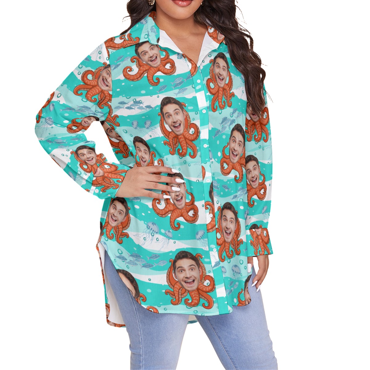 Funny Custom Face Octopus Hawaiian Plus Size Shirt For Women