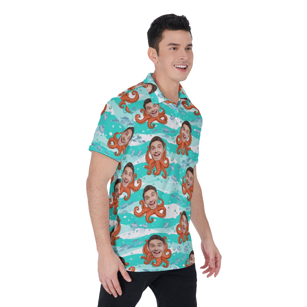 Custom Face Octopus Blue Hawaiian Men's Polo Shirt