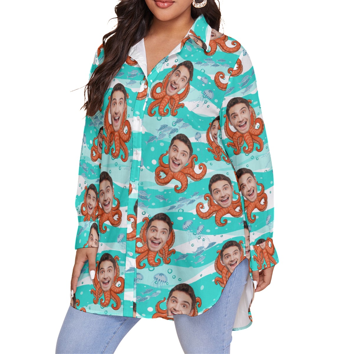 Funny Custom Face Octopus Hawaiian Plus Size Shirt For Women