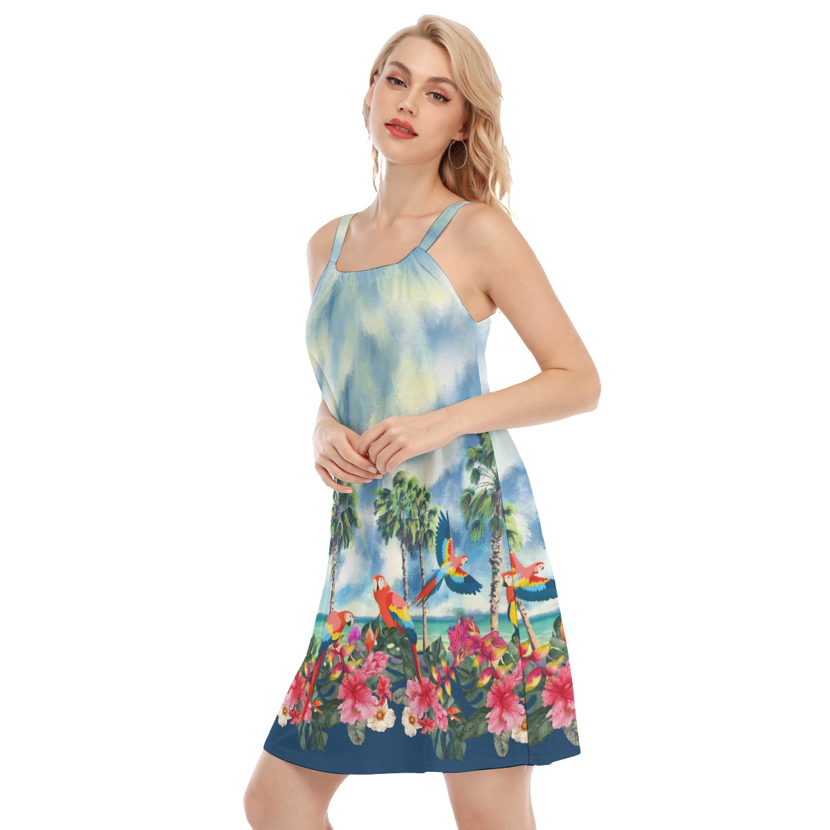 Tropical Parrots Hibiscus Blue Hawaiian Cami Dress For Women