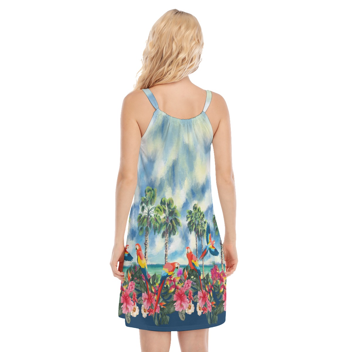 Tropical Parrots Hibiscus Blue Hawaiian Cami Dress For Women