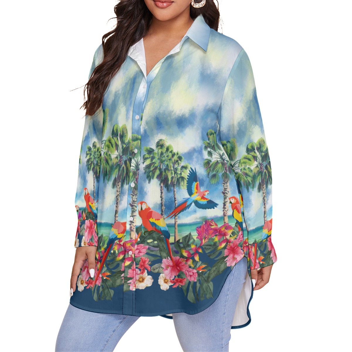 Tropical Parrots Hibiscus Blue Hawaiian Plus Size Shirt For Women