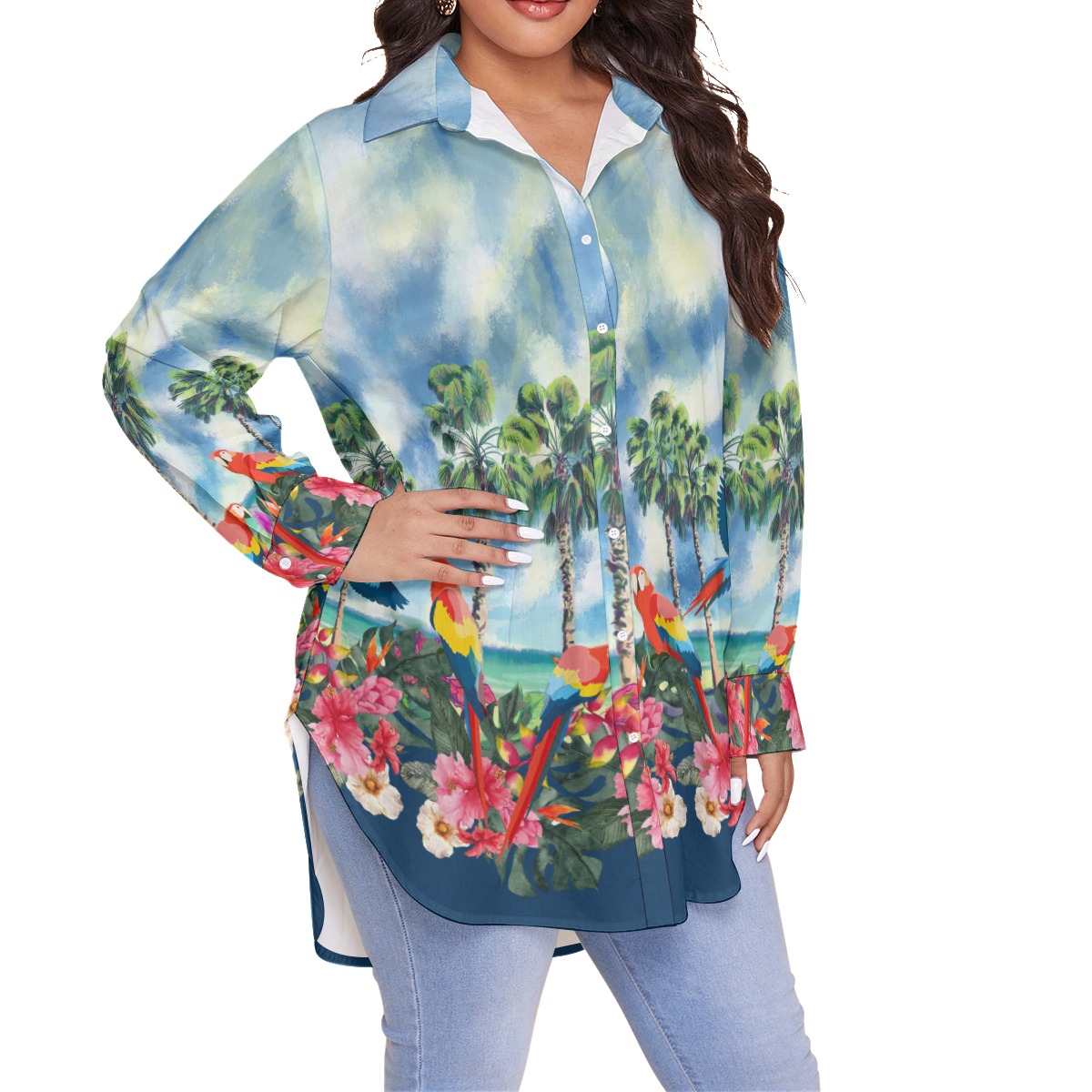 Tropical Parrots Hibiscus Blue Hawaiian Plus Size Shirt For Women