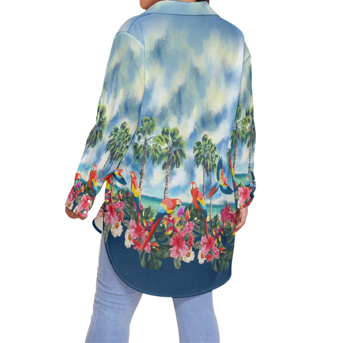 Tropical Parrots Hibiscus Blue Hawaiian Plus Size Shirt For Women