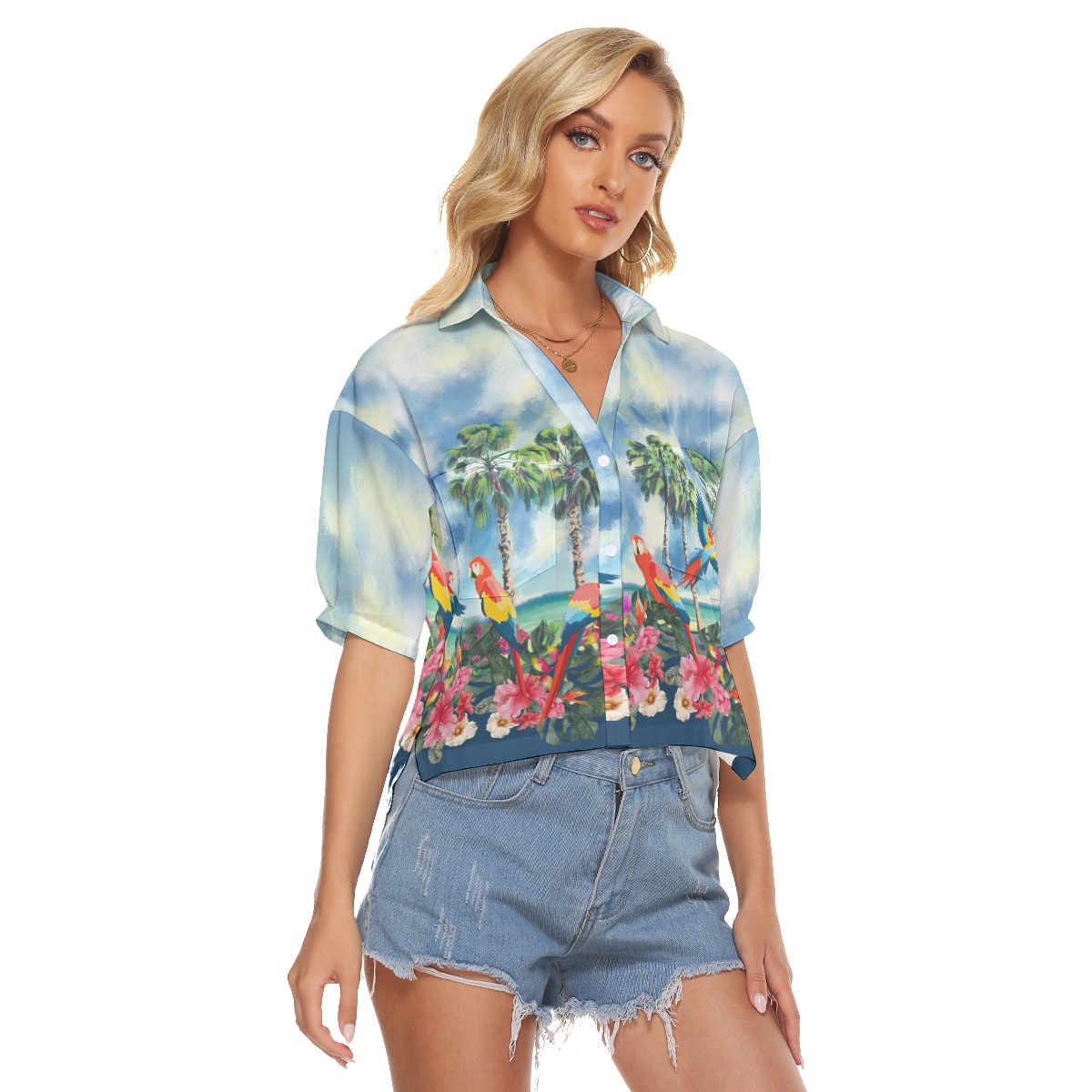 Tropical Parrots Palm Trees Hawaiian Cropped Shirt
