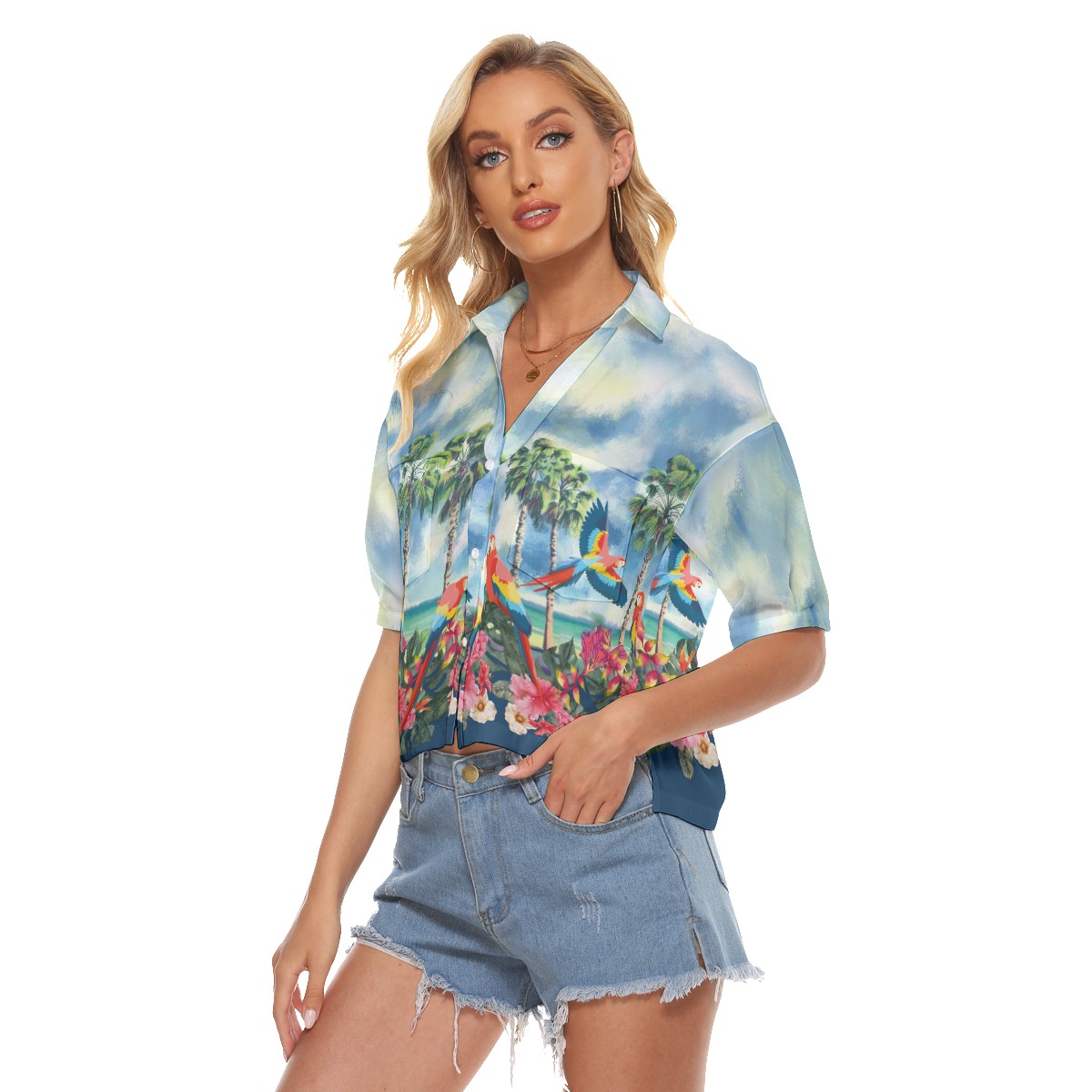 Tropical Parrots Palm Trees Hawaiian Cropped Shirt