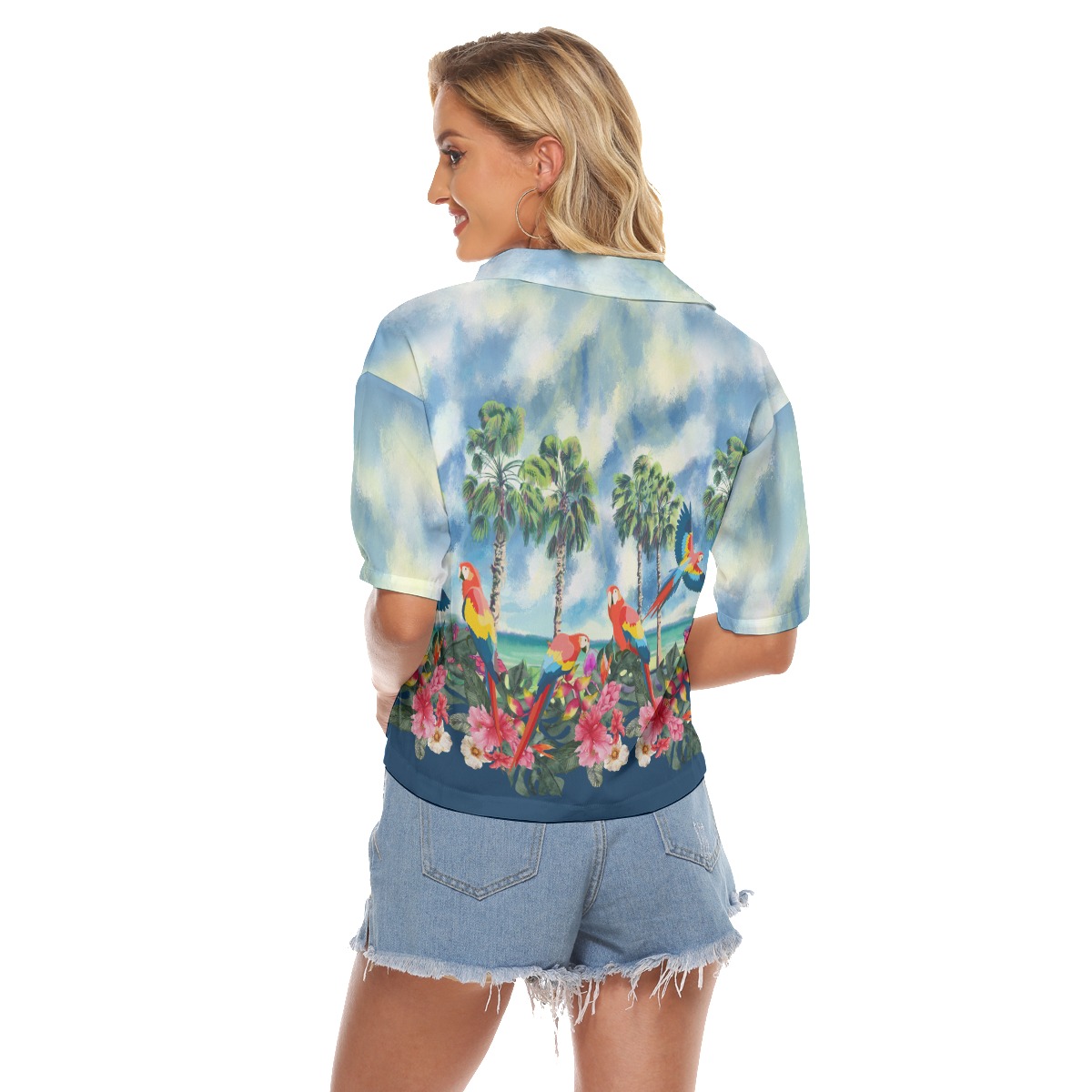 Tropical Parrots Palm Trees Hawaiian Cropped Shirt
