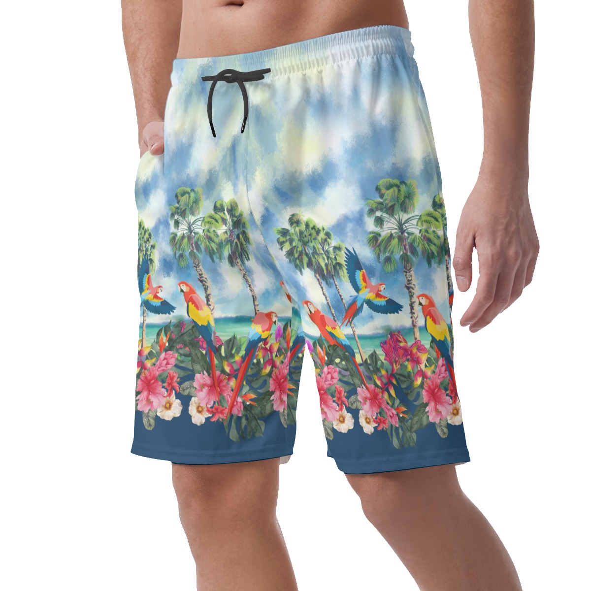 Tropical Palm Trees Parrot Hibiscus Hawaiian Beach Shorts For Men