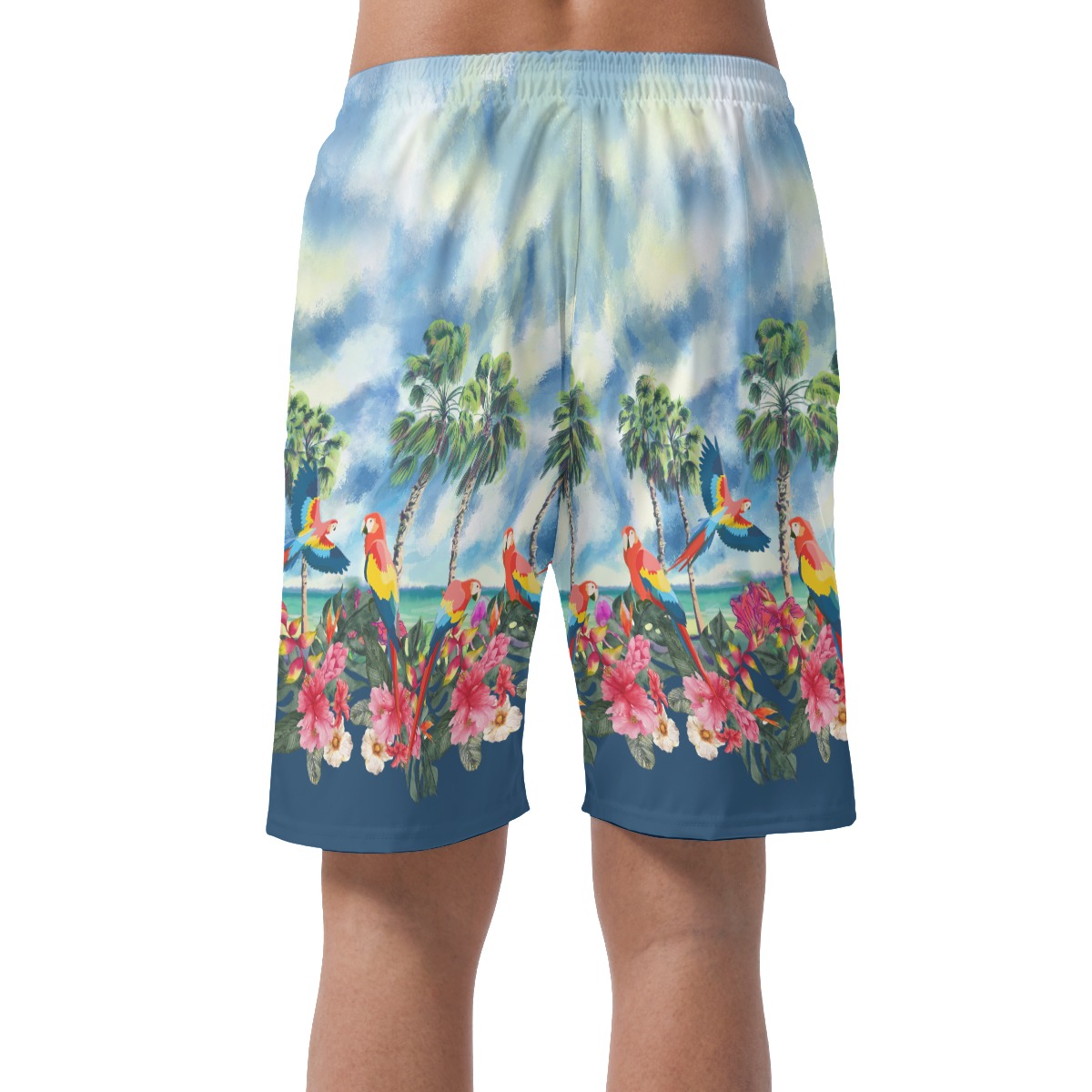 Tropical Palm Trees Parrot Hibiscus Hawaiian Beach Shorts For Men