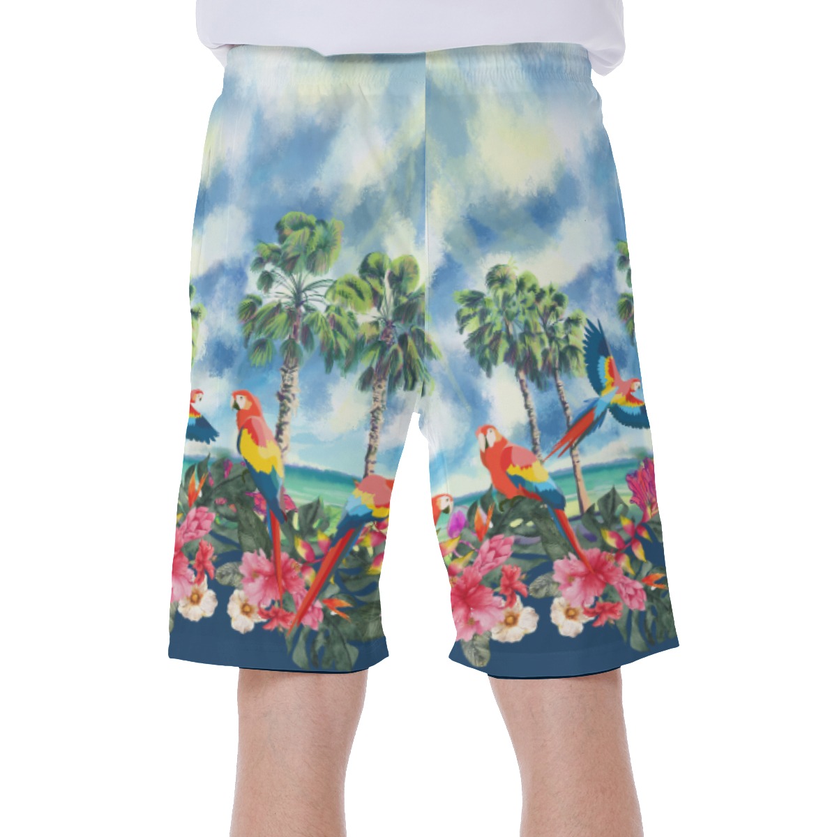 Tropical Island Colorful Parrots Hawaiian Swim Trunks For Men