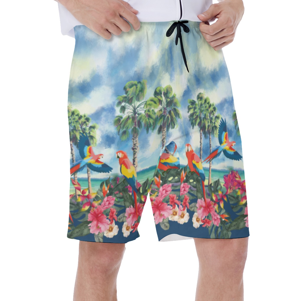Tropical Island Colorful Parrots Hawaiian Swim Trunks For Men