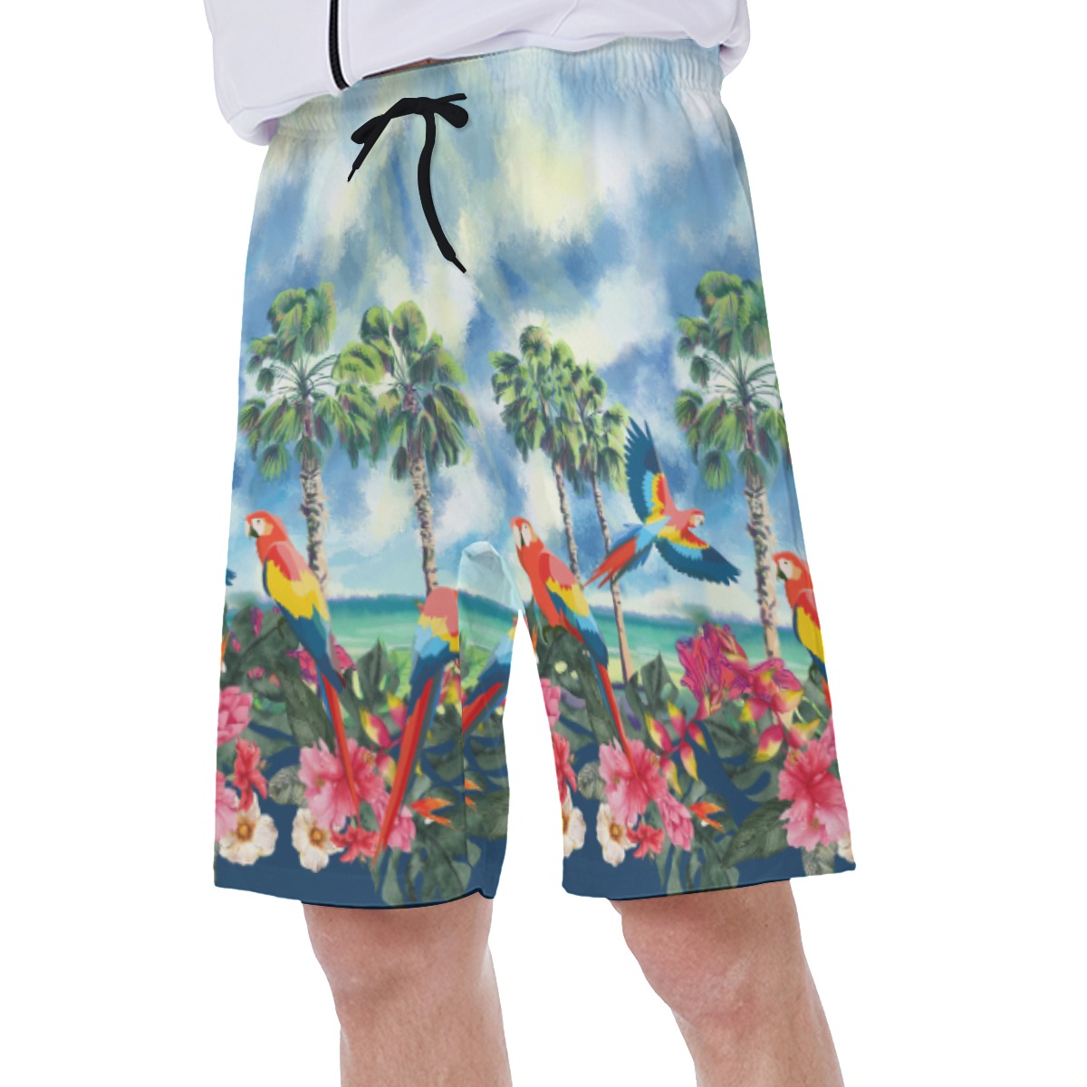 Tropical Island Colorful Parrots Hawaiian Swim Trunks For Men