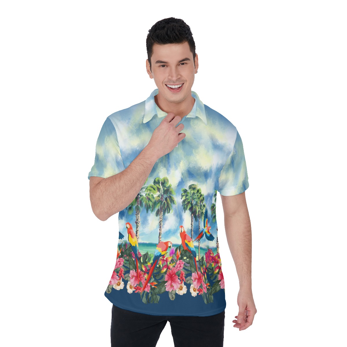 Tropical Palm Tree Parrots Floral Hawaiian Polo Shirt For Men - variant image 1