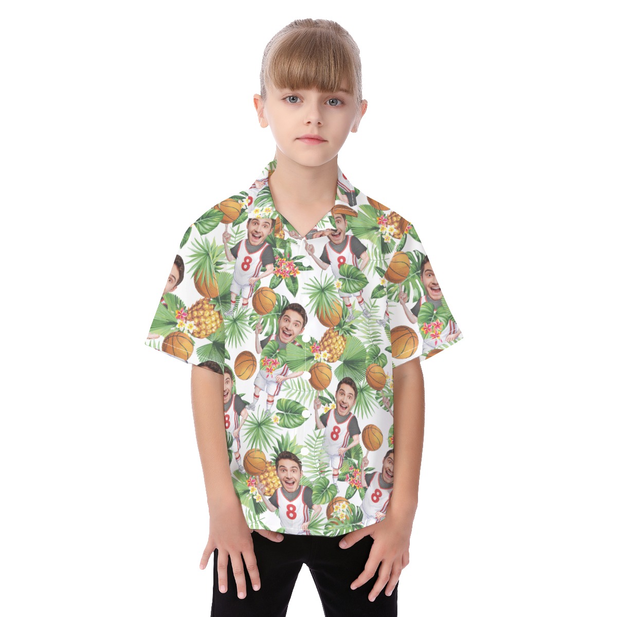 Tropical Custom Face Playing Basketball Button Up Shirts For Kids - variant image 1