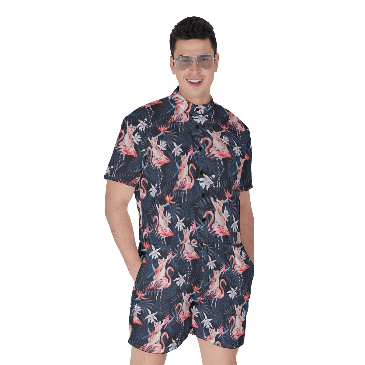 Funny Cat With Flamingo Floral Men's Hawaiian Romper - variant image 1