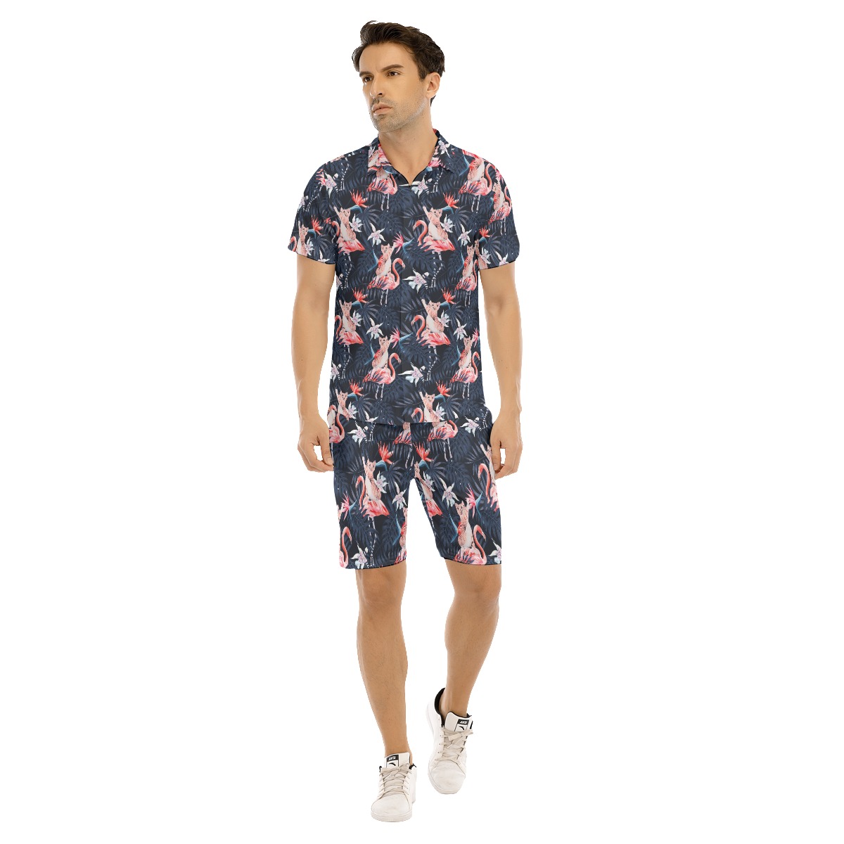 Set Tropical Flamingo And Cat Hawaiian Shirt And Shorts For Men - variant image 1