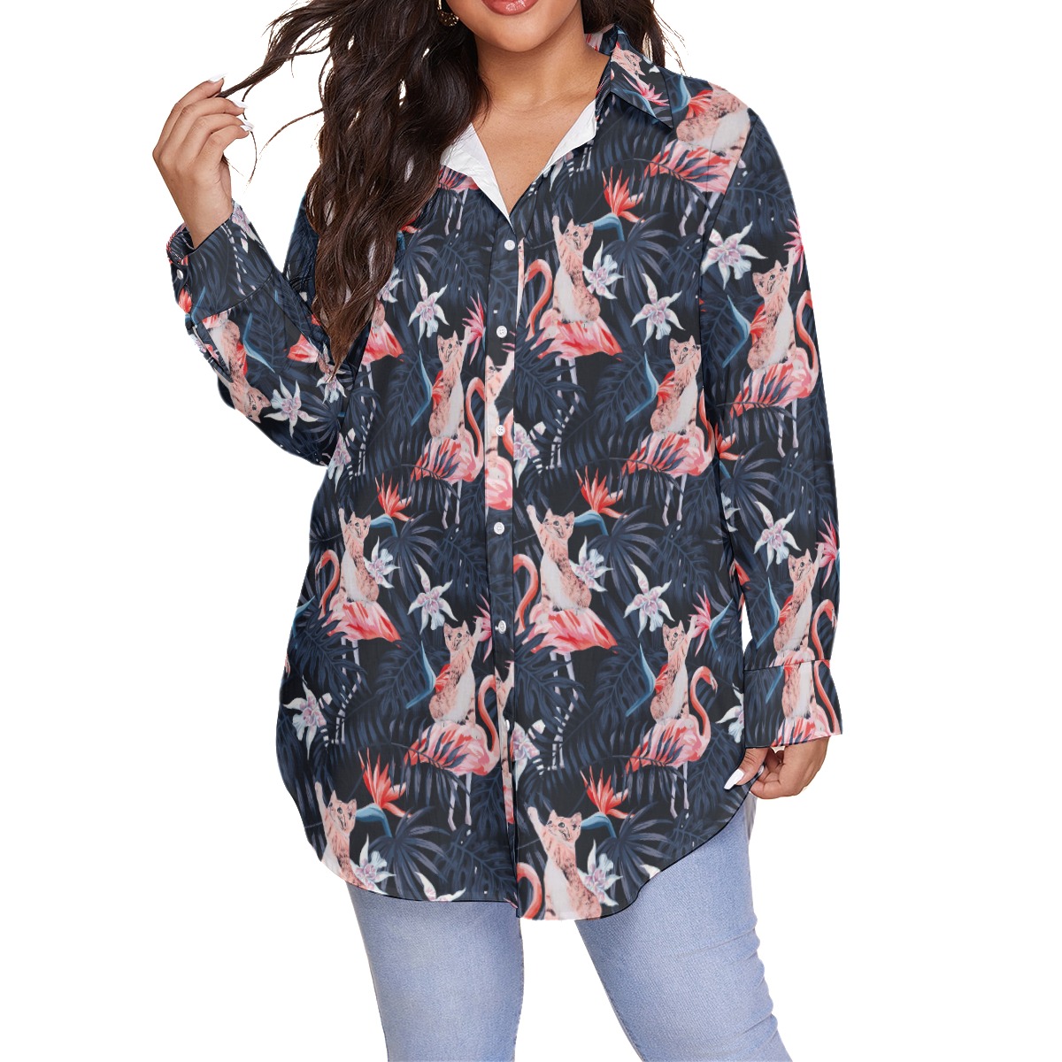 Tropical Flamingo With Funny Cat Plus Size Hawaiian Collared Shirt - variant image 1