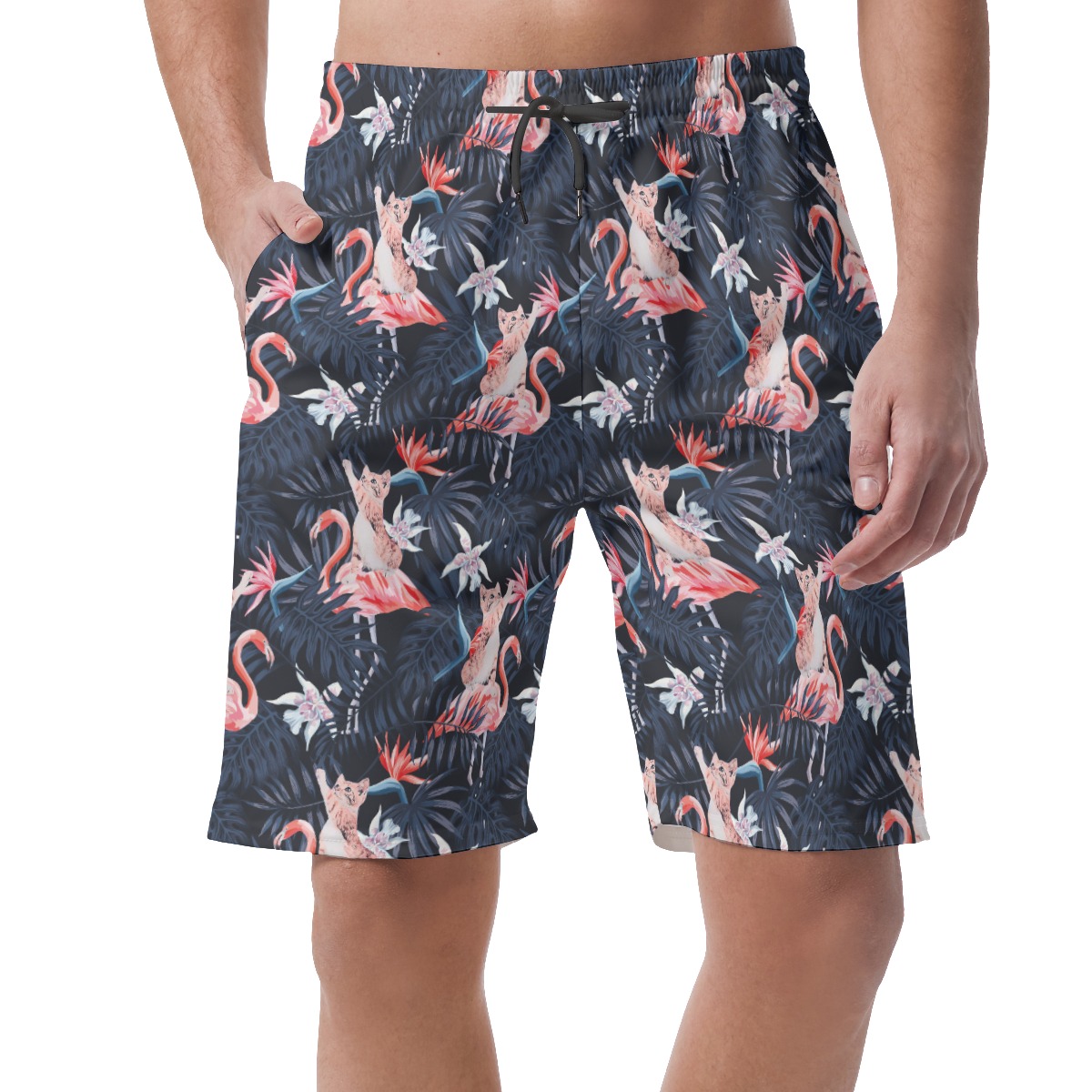 Funny Cat Flamingo Hawaiian Beach Shorts For Men - variant image 1