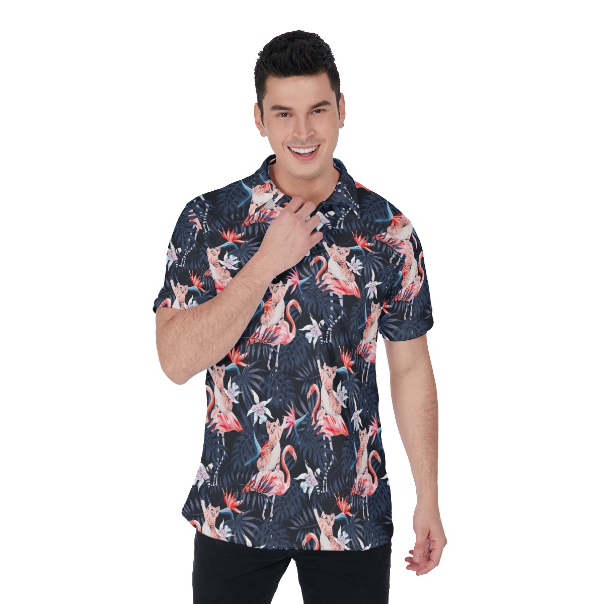 Funny Cat Flamingo Tropical Hawaiian Men's Polo Shirt - variant image 1