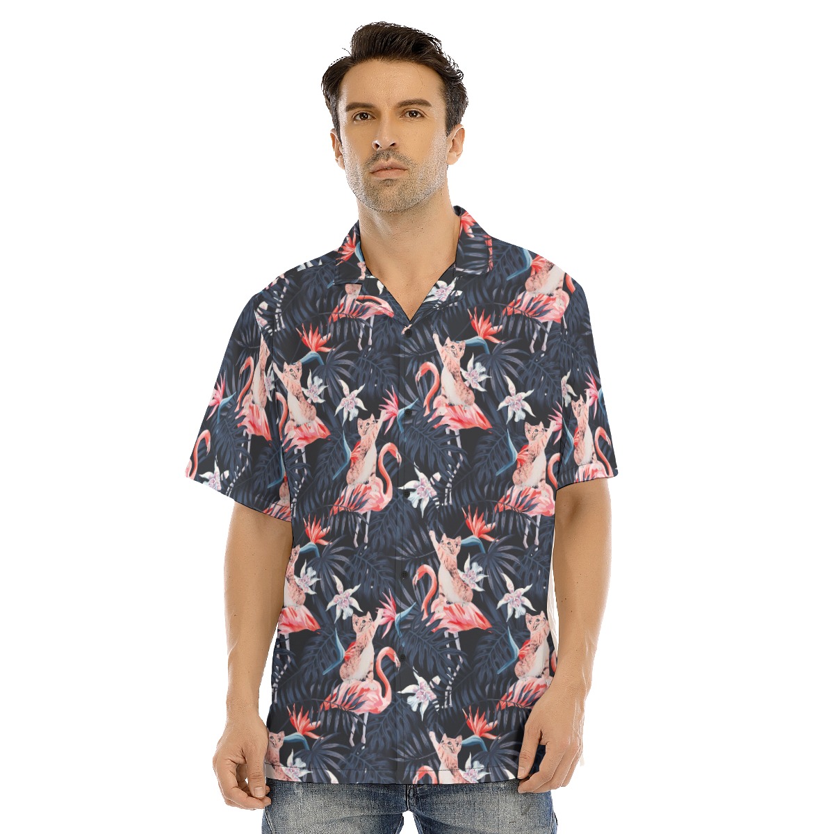 Tropical Flamingo Cat Hawaiian Shirt - variant image 1